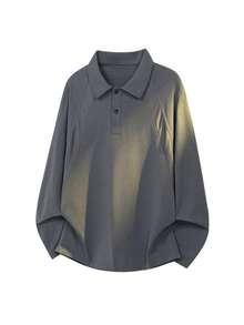Blueprint Man 1pc Men's Polo Shirt, Gray Long Sleeve Polo Shirt With Classic Collar And 2-Button Placket, Shoulder Mesh Patchwork Detail, Minimalist Casual Style, Suitable For Single Wear Or Layering In Various Occasions - Grey - View 4