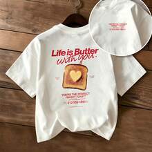 Retro Cotton Short Sleeve Tee, Street Style Heart Toast & Slogan Back Print T‑Shirt For Daily Wear - White - View 1