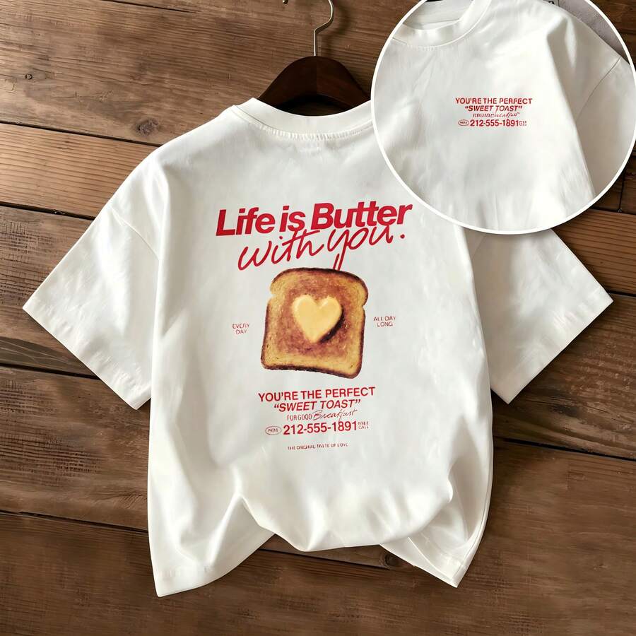 Retro Cotton Short Sleeve Tee, Street Style Heart Toast & Slogan Back Print T‑Shirt For Daily Wear - White - View 1