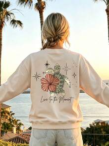 Women's Crewneck Sweatshirt, Sea Turtle Hibiscus Back Graphic Pullover, Live In The Moment Quote Casual Tops - Apricot - View 2
