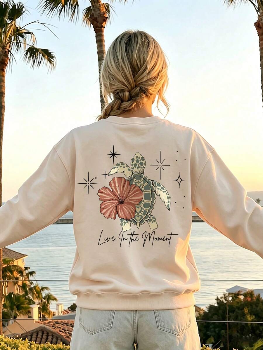 Women's Crew Neck Sweatshirt, Turtle & Hibiscus Back Print Pullover, Live In The Moment Slogan Casual Top - Apricot - View 1