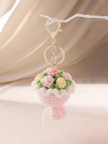 1pc Cute 3D Crochet Flower Bouquet Shaped Bag Charm, Sweet Style Pink Keychain, Girls Daily Carry Bag Pendant, Holiday Gift - Flowers - View 4