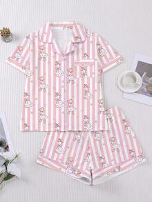 2pcs/Set Women's Pajama Set, Swan Print, Women's Loungewear, Spring/Summer Holiday Outfit, Short Sleeve Top And Shorts Set - Pink - View 1