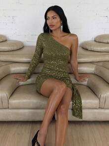 Women's Army Green One Shoulder Sequin Mini Dress, Ruched Low Elasticity Slim Fit, Suitable For Cocktail Parties And Night Out - Army Green - View 4