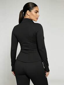 Women's Plus Size Sports Jacket, Solid Color Front Zipper With Pockets Sports Jacket, Long Sleeve Casual Lightweight Jacket, Casual Sports Lightweight - Black - View 5