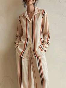 Fall Women Vintage Casual Elegant Colorful Striped Matching Outfit Collar Long Sleeve Shirt High Waist Wide Leg Pants 2 Pieces Suit - Multicolor - View 2