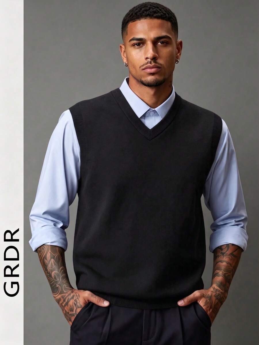 GRDR Men's Solid Color V-Neck Casual Versatile Knitted Vest