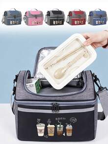 Four Cups Of Coffee Print Lunch Bag With Insulated, Dual-Compartment Lunch Bag With Shoulder Strap, Practical, Versatile Gift For Family And Friends - Multicolor - View 3
