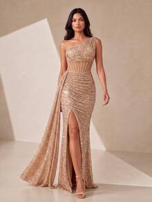 VIPGIRL Champagne Gold Sequin Evening Dress One Shoulder Corset Mesh Bustier Side Train High Split Ruched Bodycon Floor Length Prom Party Gala Maxi Dress - Champagne - View 5