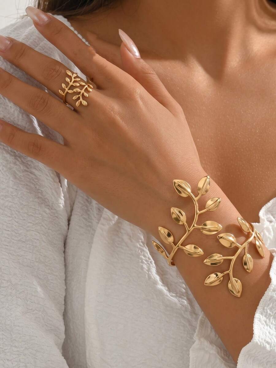 2pcs/Set Fashionable Elegant Vintage Hollow Leaf Design Open Bangle & Ring Jewelry Set - Gold - View 1