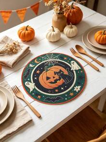 6pcs Halloween & Thanksgiving Round Placemats, Autumn Pumpkin Maple Leaf Turkey Squirrel Print Table Mats, Holiday Atmosphere Decorative Table Pads - Multicolor - View 14