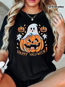 Wo Halloween Pumpkin & Ghosts Print T-Shirt - With Orange & Spooky Design, Short Sleeve Halloween Costume Women Jacket Women Autumn Clothing Women New - Black - View 6