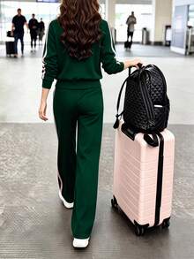 Comfortable Black 2 Pieces Sports Set, Women's Style, Zipper Neckline Top With Drawstring Pants, Slightly Elastic Fabric - Dark Green - View 4