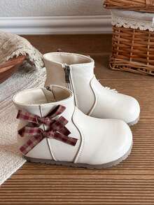 Sepatu Bot Pendek Anak Perempuan Motif Kotak-kotak Vintage dengan Pita, Resleting Dalam, Sol Lembut Anti Selip, Sepatu Bot Pendek Putri Manis untuk Musim Gugur/Dingin - Krem - View 3