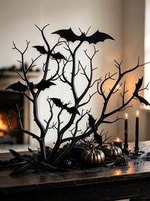 3pcs Artificial Black Branches With 12 Bat Decorations, Halloween Tabletop Vase Decoration, Suitable For Family Parties. - Black - View 3