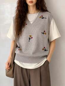 Women's Autumn/Winter Casual Minimalist Elegant Gentle Style Floral Pattern V-Neck Pullover Sweater Vest - Apricot - View 3