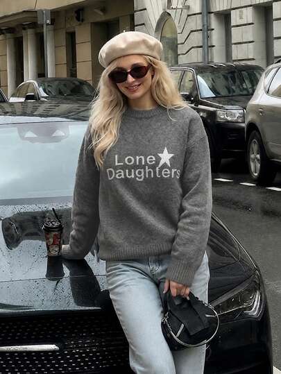 Women's New Autumn/Winter Knit Crew Neck Pullover Sweater With "Lone Daughters" Letter Pattern, Casual Commute College Style Knit Sweater