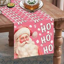 1pc Pink Christmas Table Runner, Vintage Santa Claus Ho Ho Ho Letter Print Tablecloth, Holiday Dining Table Home Decor, Accessories Not Included - Pink - View 3