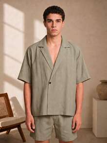 Men's Solid Color Lapel NeckShort Sleeve Single Button Casual Shirt - Army Green - View 2