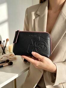 Lancôme Bolsa de cosméticos Lancome con rosa en relieve negro, bolsa de maquillaje de cuero sintético con ribete rosa, portátil y duradera, adecuada para uso personal y regalo, LANCOME‑GIFT‑30 - Negro - Ver 4