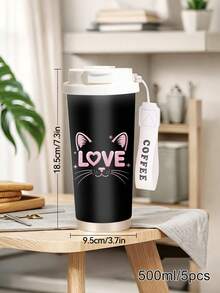 1pc/5pcs 500ml Cute Cat Heart Travel Mug, Double-Wall Stainless Steel Insulated Cup, Cute Pink Cat Ear & LOVE Letter Print Design, Portable Coffee Cup With COFFEE Print Lanyard, Leak-Proof Insulated Mug, Suitable For Daily Commute, Outdoor & Travel - Black-kitty Love - View 5