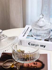 1pc Striped Glass Vanity Jar With Lid, Elegant Victorian Style Cosmetic Storage Container, Fashionable Decorative Bathroom Accessory, Perfect Valentine's Day And Wedding Season Gift For Wife And Girlfriend - Multicolor - View 5