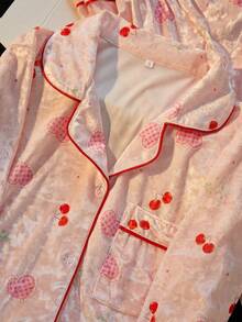 Women's Autumn/Winter Heart & Cherry Pattern Velvet Trim Front Pocket Long Sleeve Pants Pajama Set Loungewear - Baby Pink - View 5