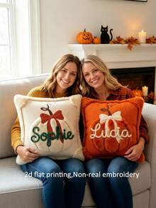 1pc Pumpkin Throw Pillowcase With Custom Name,2D Flat Print Fall Halloween Sofa Decor Accent,Non-Real Embroidery Print,No Pillow Core - Orange - View 7