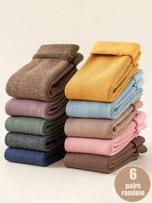 3/6/10 Pairs Random Style Women's Morandi Multicolor Solid Color Folded Cuff Terry Ribbed Socks, Thickened Warm Mid-Calf Socks, Japanese Minimalist Academy Style - Multicolor - View 10