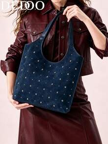 Dedoo Women Suede Hobo Tote Shoulder Bag, Navy Blue Silver Rivet Decor, Wide Strap, Large Capacity, Vintage Y2K Purse For Women Daily Street Shopping Work - Blue - View 8
