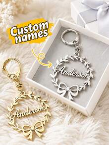 LICVIC Custom Wreath Bow Keychain With Name, Personalized Christmas Key Chain, Elegant Holiday Keychains Accessory, Customized Name Bag Charm, Customizable - Style B - View 1