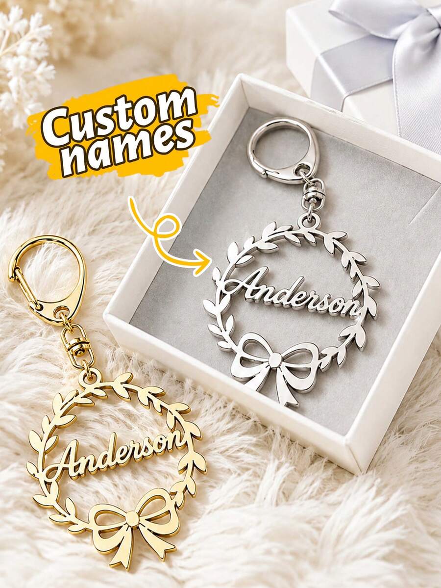 LICVIC Custom Wreath Bow Keychain With Name, Personalized Christmas Key Chain, Elegant Holiday Keychains Accessory, Customized Name Bag Charm, Customizable - Style B - View 1