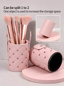 1pc Hot-Selling Pink Rivet Buckle Dustproof Waterproof Covered PU Makeup Brush Storage Bucket, Portable Travel Beauty Tool Large Capacity Storage Cylinder - Pink - View 7