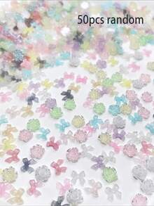 50pcs Mini Random Mixed Jelly Bow Pearl Camellia Nail Art Charms, 3D Resin Candy Color Ice Transparent Nail Rhinestones, Phone Case Hair Clip Earring Decoration Small Accessories - Multicolor - View 7