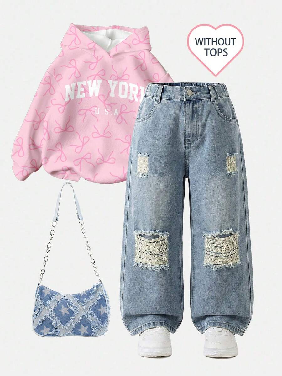 1pc Girls' Denim Jeans, Elastic Waist Street Style Ripped Wide Leg Jeans, Simple Casual Outfit - Medium Wash - View 1