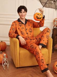 Notgurli 4-Piece Couples' Set: Women's & Men's Halloween Pajamas Button-Front Loungewear Fun Comfortable Pumpkin-Print Loungewear For Autumn/Winter - Multicolor - View 12