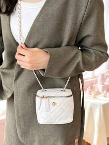 Quilted Mini Crossbody Bag, Gold Hardware Chain Shoulder Bag, Suitable For Daily, Party And Date Small Zipper Square Bag - Multicolor - View 6
