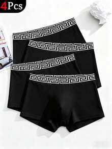 4pcs Solid Color Men's Boxer Briefs With Pattern, Men's Pajamas, Loungewear, Men's Underwear, Boxer Shorts - Black - View 1