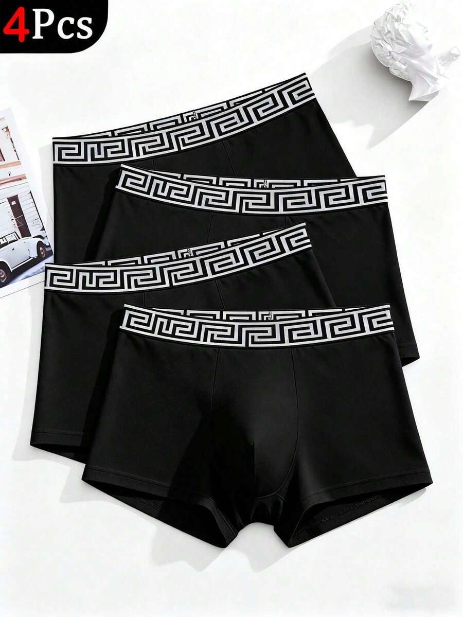 4pcs Solid Color Men's Boxer Briefs With Pattern, Men's Pajamas, Loungewear, Men's Underwear, Boxer Shorts - Black - View 1