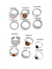 12pcs/Set Minimalist Fashion Vintage Asymmetrical Sun Liquid Style Rings Set, Knuckle Rings, Light Luxury Vintage Rings For Women, Suitable For Parties, Gifts For Friends And Family, Daily Wear - Silver - View 3