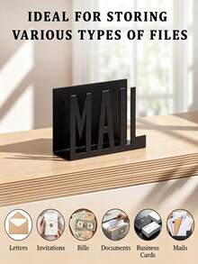 Modern Aesthetic Black Metal Hollow Letter Organizer, Desktop Mail Sorting File Rack, Office Envelope Document Storage, Minimalist Decor - Multicolor - View 12