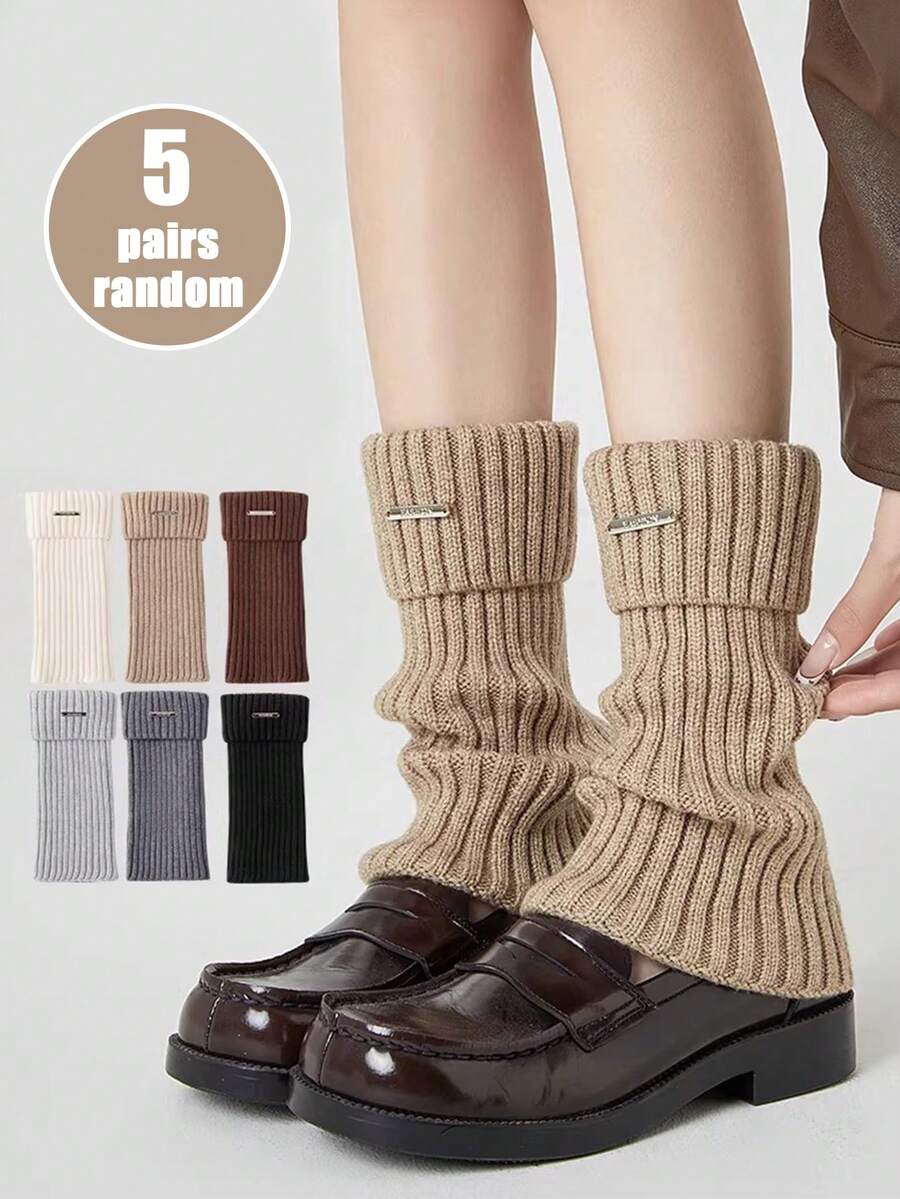 5 Pairs Random Women's Autumn/Winter Socks, Decorative Warm Vintage Preppy Style Leg Warmers, Suitable For Daily Street Wear - Multicolor - View 1