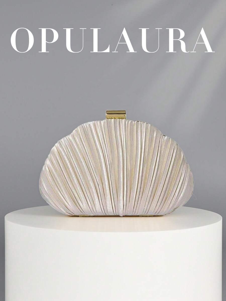 OpulAura 女士优雅奢华褶皱缎面盒形手拿包,浪漫婚礼手提包,迷人精致晚礼服包,简约杏色盒形钱包,配可拆卸链条,适合作为节日礼物 - 杏色 - 查看 1