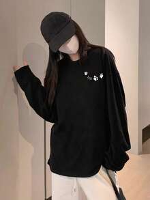 Women's Fashion Autumn/Winter Loose Minimalist Versatile Cat Paw Cartoon Print Long Sleeve T-Shirt - Black - View 5