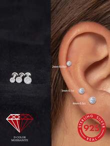 1pc 0.3ct Moissanite 925 Sterling Silver 18K Gold Plated Flat Back Cartilage Spiral Ear Stud Bridal Jewelry Daily Wear Wedding - Silver - View 15