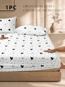 1pc Fashionable Black & White Heart Pattern Fitted Sheet, Modern Stylish Mattress Protector, Soft & Breathable, -Twin, Full, Queen, King, Deep Pocket Design Up To 11.8 Inches, Machine Washable. Back To School, Dorm Essentials - Black and White - View 2