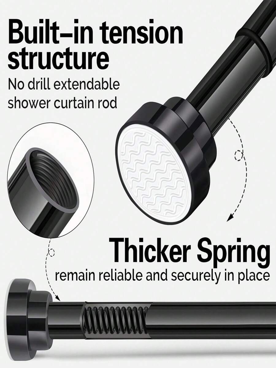 1pc Spiral Tension Rod, Adjustable Ends, With Plastic Base, Stainless Steel Material. Suitable For Shower Curtains, Window Curtains, Wardrobes, And Balcony Clothes Drying. Available Colors: Silver, Black - Sfc - View 1