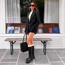 Women's Elegant Black Rhinestone Decorated Blazer, With Pockets And Button Details, Suitable For Spring And Autumn Daily Wear - Black - View 2