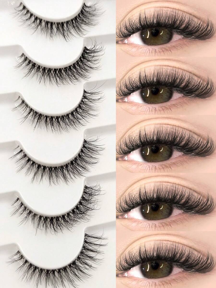 Sibeuna 6 Pairs Natural Fluffy Soft Cross Fine Faux Mink False Eyelashes, Transparent Stem, Suitable For Daily Makeup, Travel Essential, Suitable For Beginners - Black - View 1