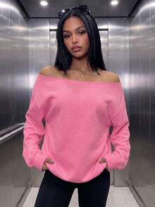 女款休閒露肩寬鬆抓絨衛衣，適合秋冬日常穿著與戶外穿著，粉色秋季款 - 粉色 - 查看 1
